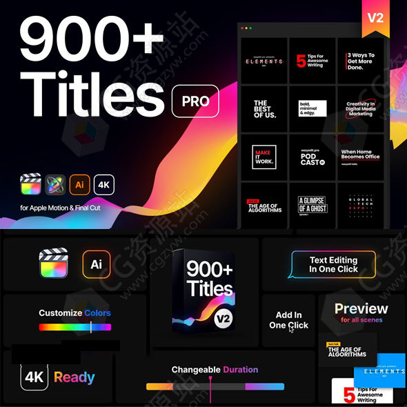 FCPX插件-474组时尚文字标题字幕信号损坏呼叫指示线排版动画V2