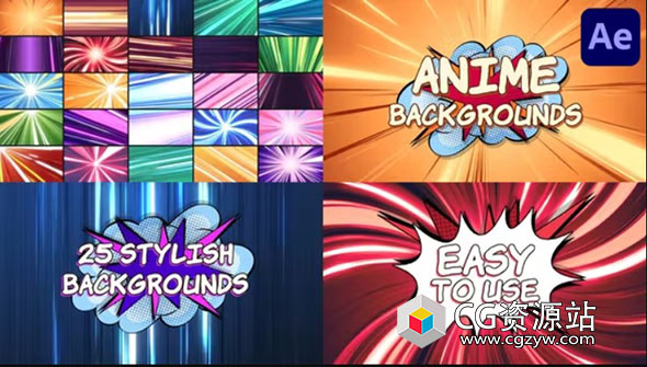 AE模板-多彩动漫卡通速度线背景动画 Anime Backgrounds