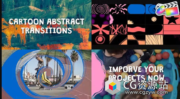 FCPX插件-20组多彩卡通漫画风格图形过渡视频转场预设
