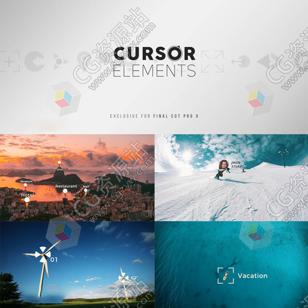 FCPX插件-100组光标指针箭头目标地点元素标记文字动画预设