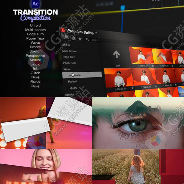 AE脚本-200+横竖屏方形烟雾水墨笔刷光效信号损坏撕纸翻页翻转折叠遮罩视频转场预设