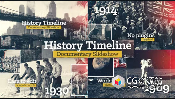 AE模板-复古水墨遮罩历史时间线相册片头 History Timeline