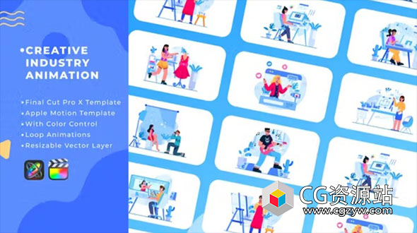 FCPX插件-10组创意扁平化卡通MG动画场景 Creative Industry Animation