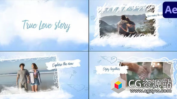 AE模板-浪漫爱情卡通云朵照片相册视频片头 True Love Story