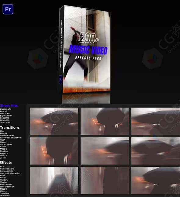 PR模板-290+创意音乐视频视觉元素故障无缝过渡效果包
