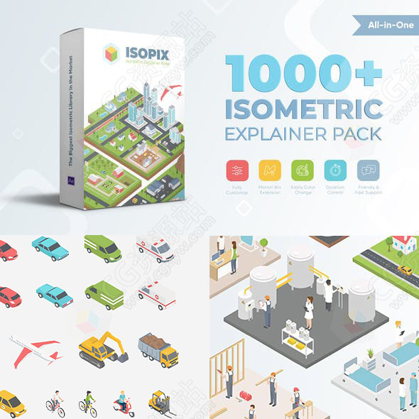 AE脚本-1000+扁平化卡通三维等距建筑街道人物场景MG动画 Isopix-图片1