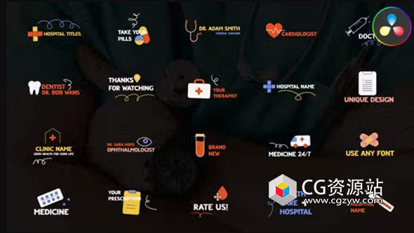 达芬奇模板-创意多彩医学卡通贴纸标题字幕条动画 Hospital Titles