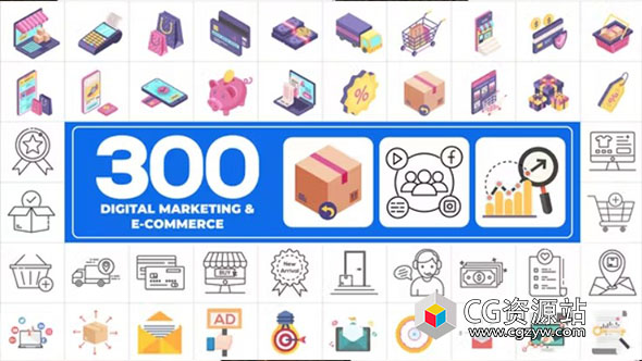 AE模板-300组电子商务在线课程图标包MG动画 300 Icons Pack – Digital Marketing