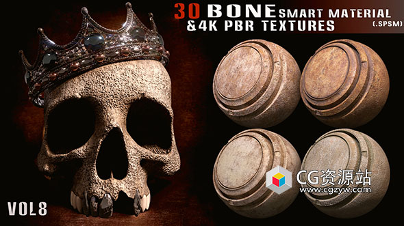Substance painter 30种头骨材质预设+4k PBR纹理 第8卷-图片1