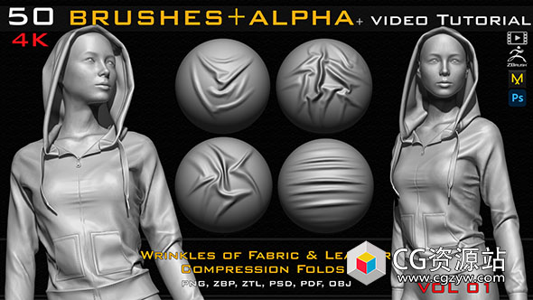 50组Zbrush布料皮革皱纹笔刷预设