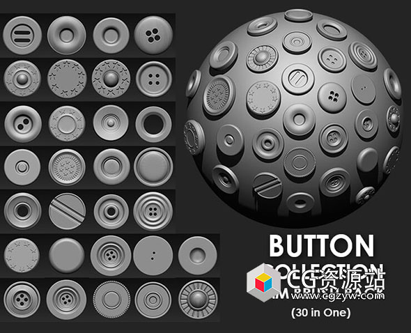 ZBrush 30组纽扣笔刷预设+OBJ模型 Buttons Collection IMM Brush Pack