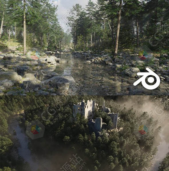 Blender高质量大型三维自然环境森林场景冷杉松树林制作视频教程