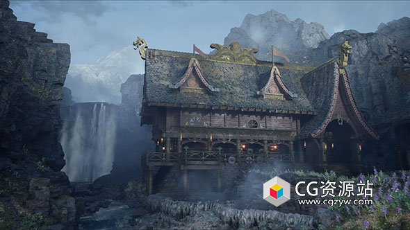 Maya/ZBrush/UE5瀑布房屋建筑游戏环境场景完整制作视频教程+中英文字幕