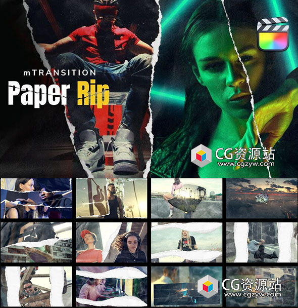 FCPX插件-52个创意风格化纸张撕裂过渡视频转场预设 mTransition Paper Rip-图片1