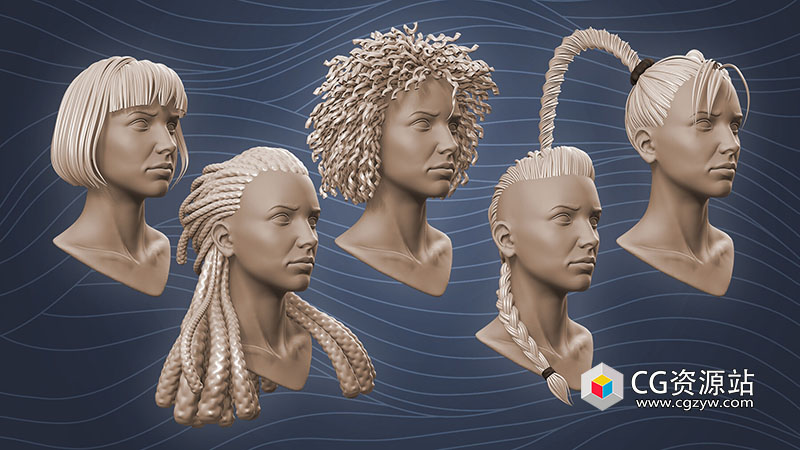 ZBrush和Blender风格化头发辫子卷发笔刷预设 Stylized Hair Strands-图片2