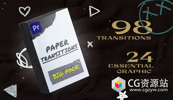PR模板-98组纸张过渡照片拼贴撕纸擦拭文字标题动画