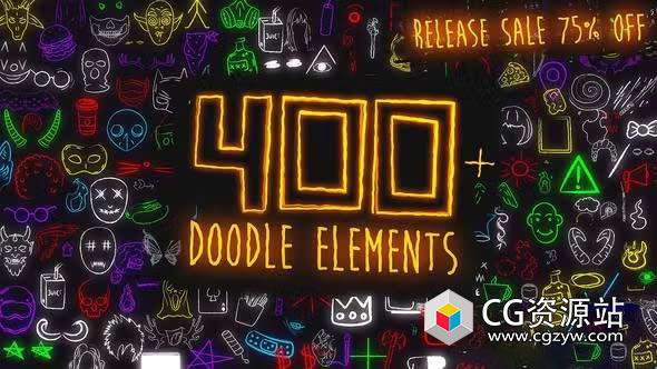 AE模板-440个卡通手绘线条涂鸦霓虹发光元素动画