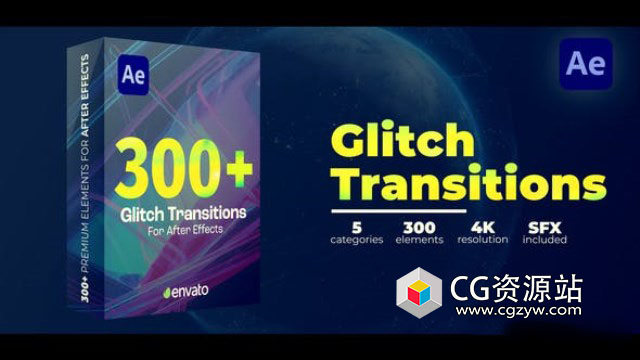 AE模板-300+信号损坏毛刺特效视频转场 Glitch Transitions