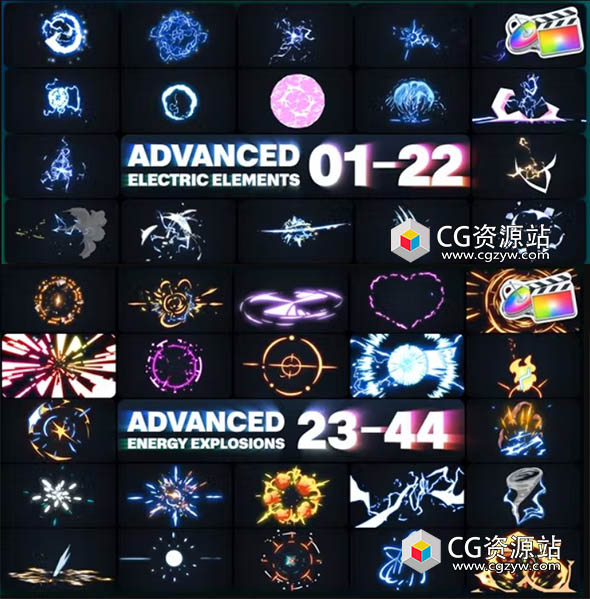 FCPX插件-140个动漫卡通能量闪电火花电流爆炸元素MG动画 两套