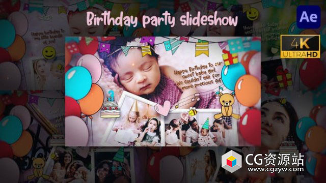 AE模板-儿童小孩生日派对照片相册片头 Birthday Party Slideshow
