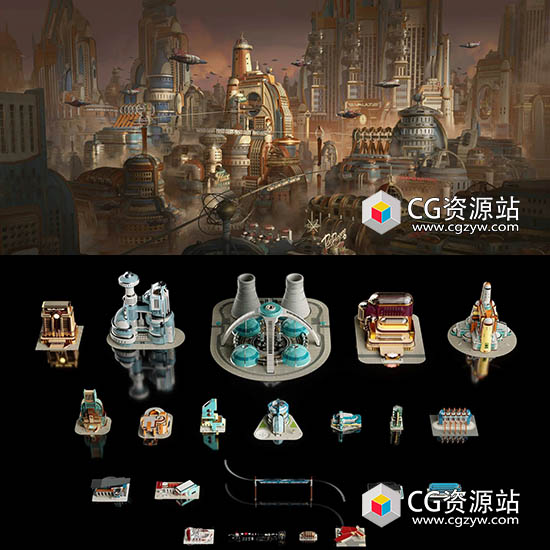 未来科幻建筑楼房城市场景朋克机械风格3D模型 Blender/Unreal/FBX/3DS MAX-图片1