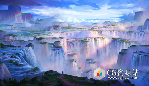 Blender PS唯美仙境薰衣草瀑布场景制作流程视频教程+中文字幕