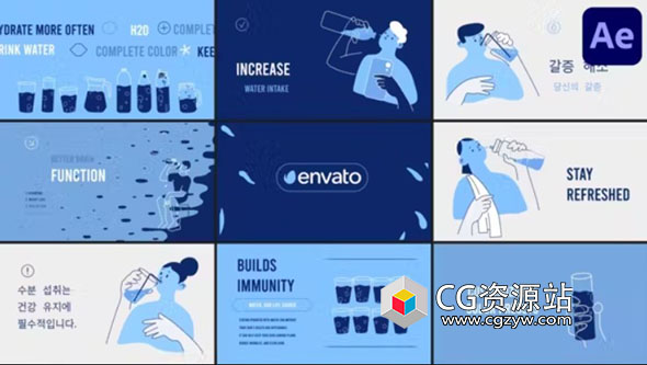 AE模板-喝水MG动画片头 Drink More Water Explainer