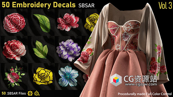 Substance 50种刺绣贴花-SBSAR格式 50-Embroidery Decals-SBSAR-Vol3-图片1