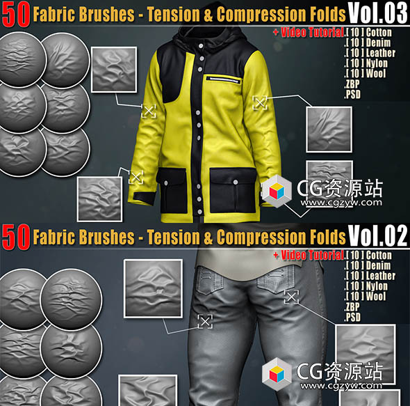 250组Zbrush衣服布料褶皱皱纹笔刷预设v1-v5+视频教程-图片1