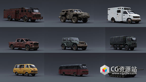 Blender/FBX/OBJ废弃破旧卡车吉普大巴面包车坦克汽车3D模型-图片1