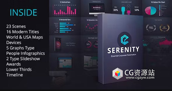 AE模板-商业公司信息图表深色风格演示包 Serenity – Corporate Presentation Pack