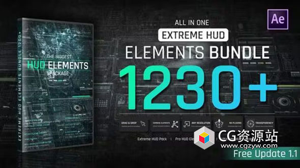 AE+PR模板-1200+科技感全息界面HUD元素网格特效圆圈边框线条动画