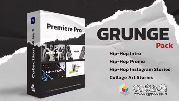 PR模板-嘻哈风格撕裂纸张拼贴艺术纹理手绘元素过渡转场预设