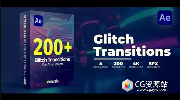 AE模板-200多个高品质失真信号损坏视频转场 Glitch Transitions