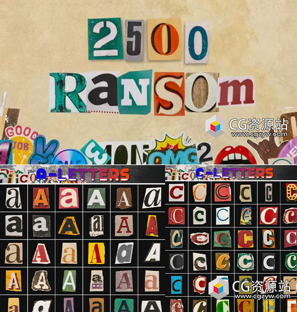 AE脚本-2500种拼贴艺术美学杂志报纸纸张转场字母数字符号元素包-图片1