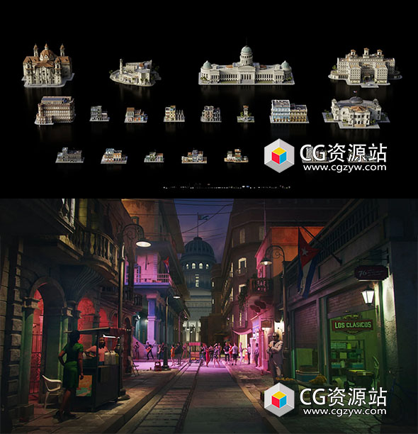 古巴哈瓦那城市景观建筑3D模型 Blender/C4D/OBJ/FBX格式 Havana Nights-图片1