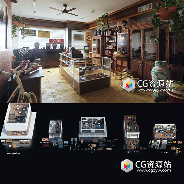 Blender街头小店/面包店/机械店/蔬菜肉店3D模型套装 Neighborhood shops-图片1