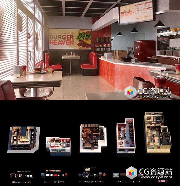 Blender汉堡店/拉面店/小酒馆/中国餐厅场景3D模型室内设计套装 Restaurants-图片1