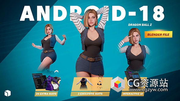 《龙珠 Z》Android 18人物角色装备绑定游戏低多边形3D模型 Blender/FBX/UE格式-图片1