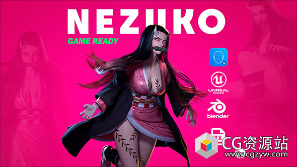 《鬼灭之刃》Nezuko Kamado人物角色装备绑定游戏低多边形3D模型 Blender/FBX格式-图片1