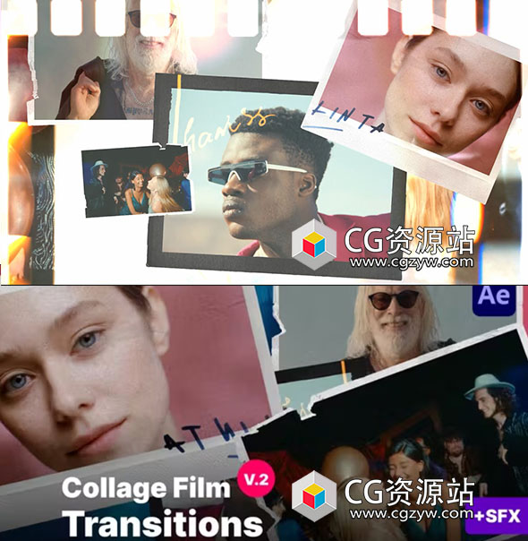 AE+PR模板-10种复古拼贴过渡漏光宝丽来胶片效果 Film Collage Transitions V2