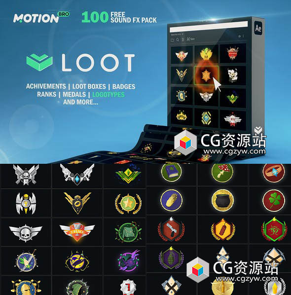 AE脚本-1500+徽章成就奖牌旗帜Logo游戏文字标题动画元素工具包-图片1