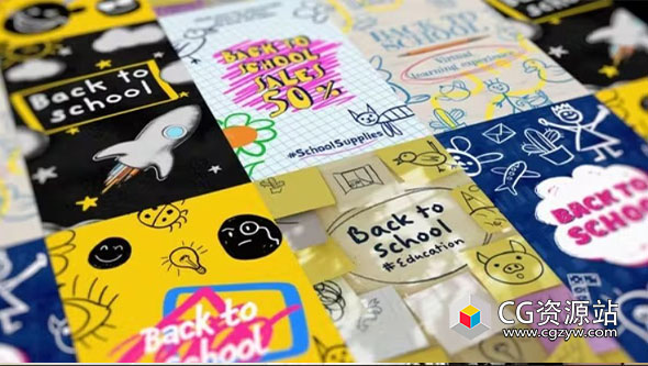 AE模板-竖屏卡通手绘涂鸦回到学校包装动画 Back2School Doodles Vertical Creativity