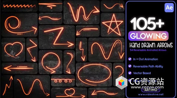 AE模板-105种手绘发光箭头动画 105 Glowing Hand Drawn Arrows