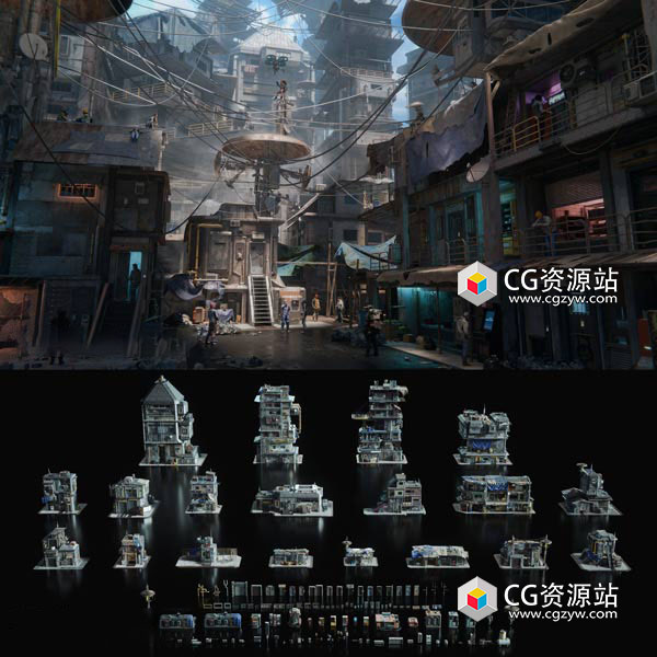 未来城市建筑街道公共设施贫民窟破旧楼房3D模型Blender/FBX/Unreal格式 Future Slums 2-图片1