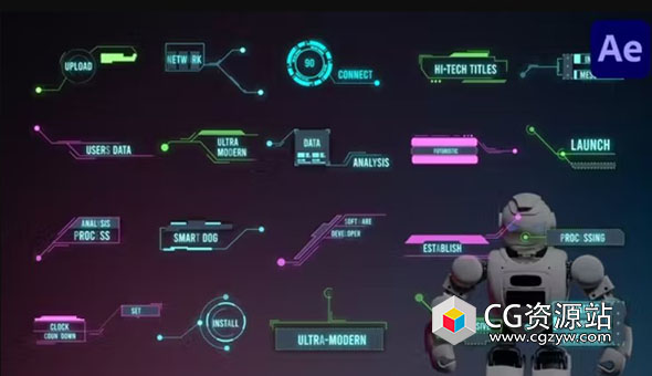 AE模板-科技感HUD发光呼出指示线文字标题动画 含背景音乐  Hi-Tech HUD Titles for After Effects