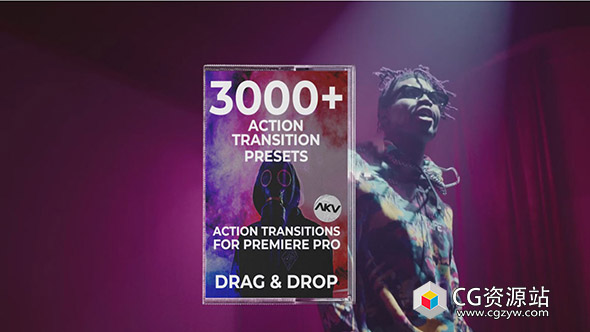 PR预设-3000种嘻哈说唱风格闪光故障发光像素化抽搐变形缩放转场预设 AKV Studios 3000+ Action Transitions