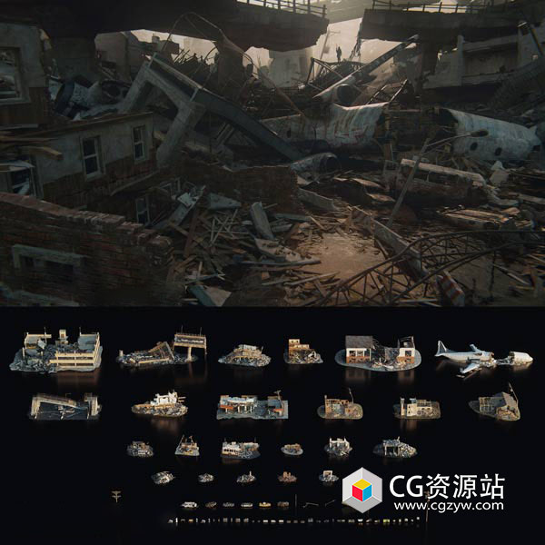城市楼房建筑倒塌飞机残骸灾难场景3D模型 Blender/UE/C4D/FBX格式 Disaster Wreckage-图片1