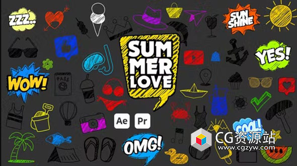 AE+PR模板-68个卡通图形可爱手绘线条涂鸦动画 Summer Scribble Icons