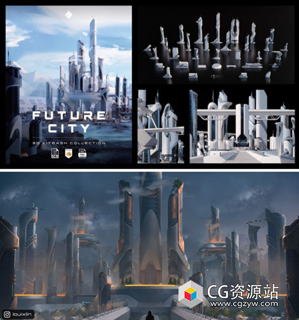 44个未来科幻风格楼房建筑3D模型 Future City – 3D Kitbash Pack-图片1